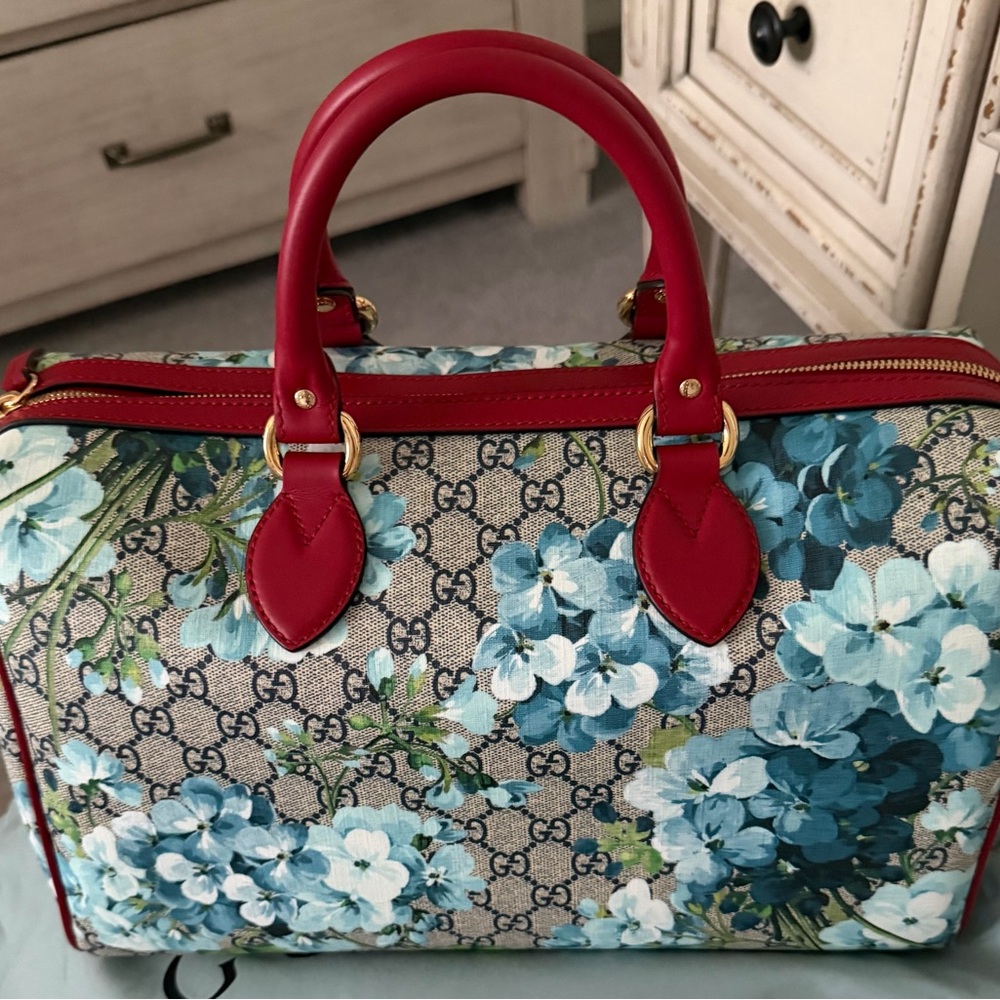 Gucci Floral Satchel with Red and Blue Accents